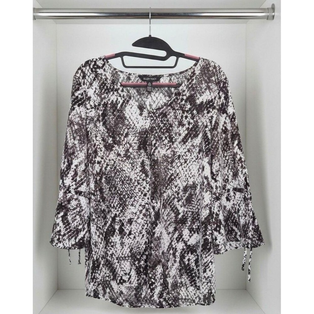 Ellen Tracy Grey Black Snake Print V-Neck Bell Sleeve Top - Size L